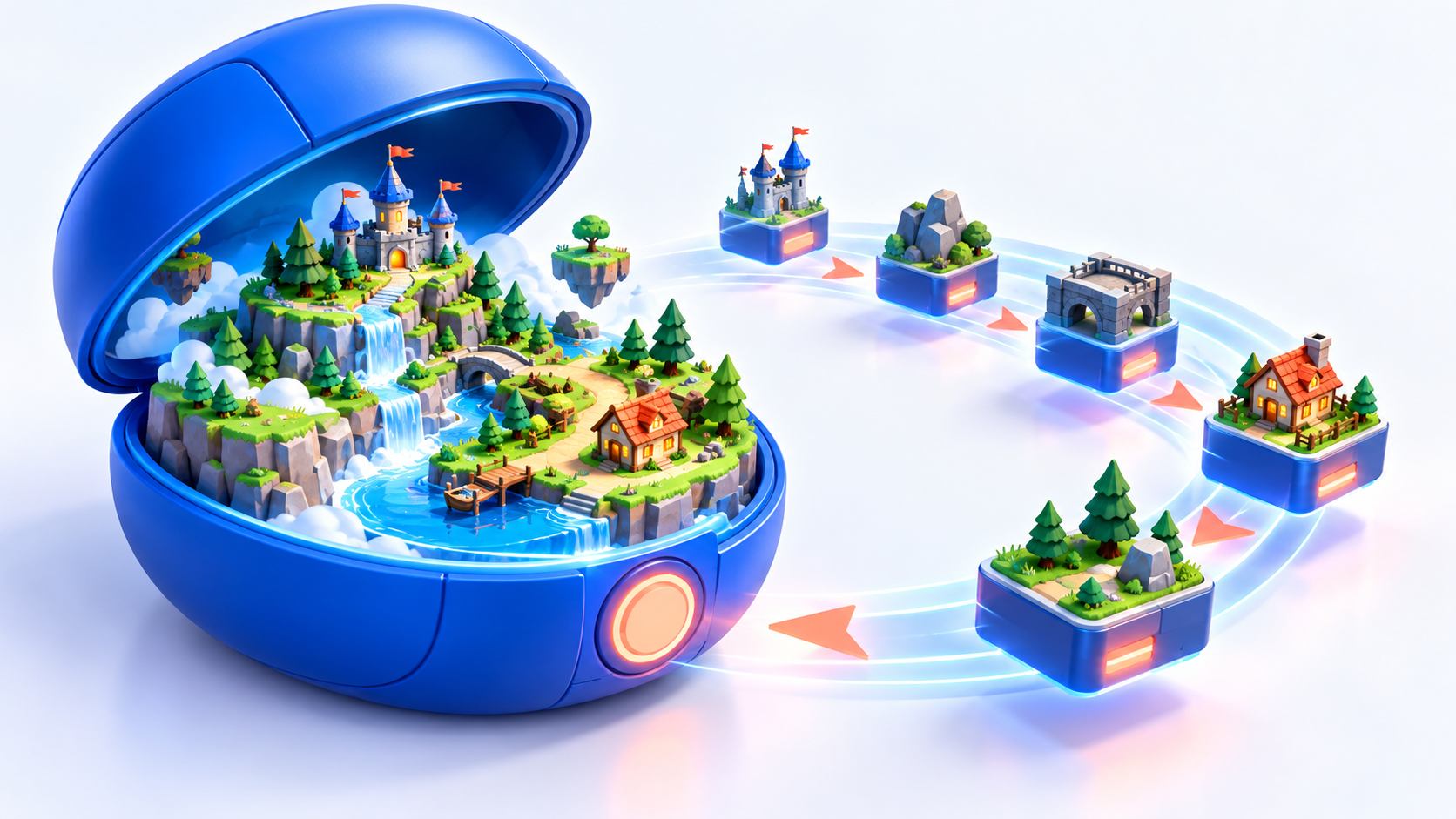 A compact game world with modular content arriving along a path