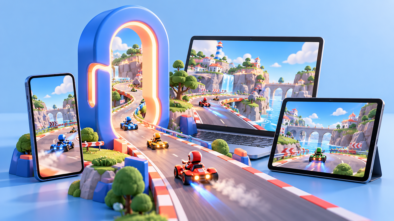 An illustrated game world opening across a phone, laptop and tablet