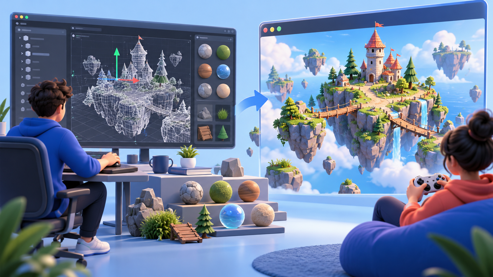 An illustrated game scene moving from editor tools into a playable world